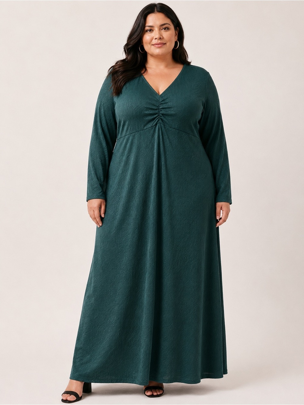Penningtons Textured Maxi Dress Size 5X Ruched Empire Waist Long Sleeve Stretchy